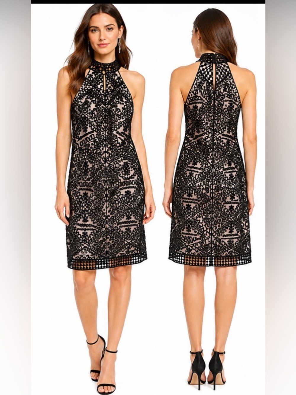 Nicole Miller Black Lace Midi Halter Dress Sz 4 autumn wedding guest cocktail